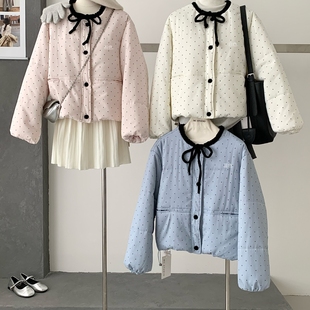 宽松温柔风外套 韩版 甜美风撞色波点蝴蝶结绑带棉服女冬季 新款