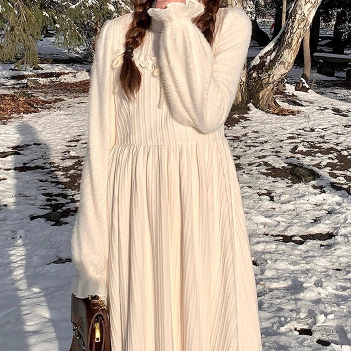 sinsingirl 尤莉花园 米白色厚款堆堆领针织拼接连衣裙秋冬季裙子