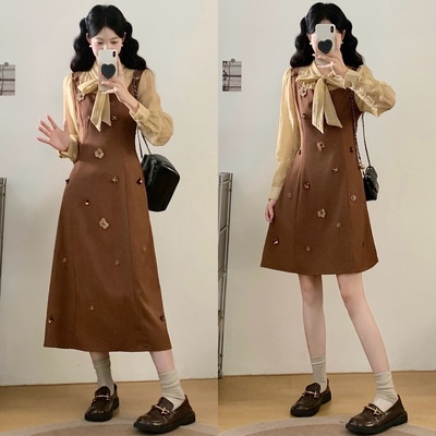 大码女装2025秋冬新款胖mm韩版气质亮片收腰拼接假两件绑带连衣裙