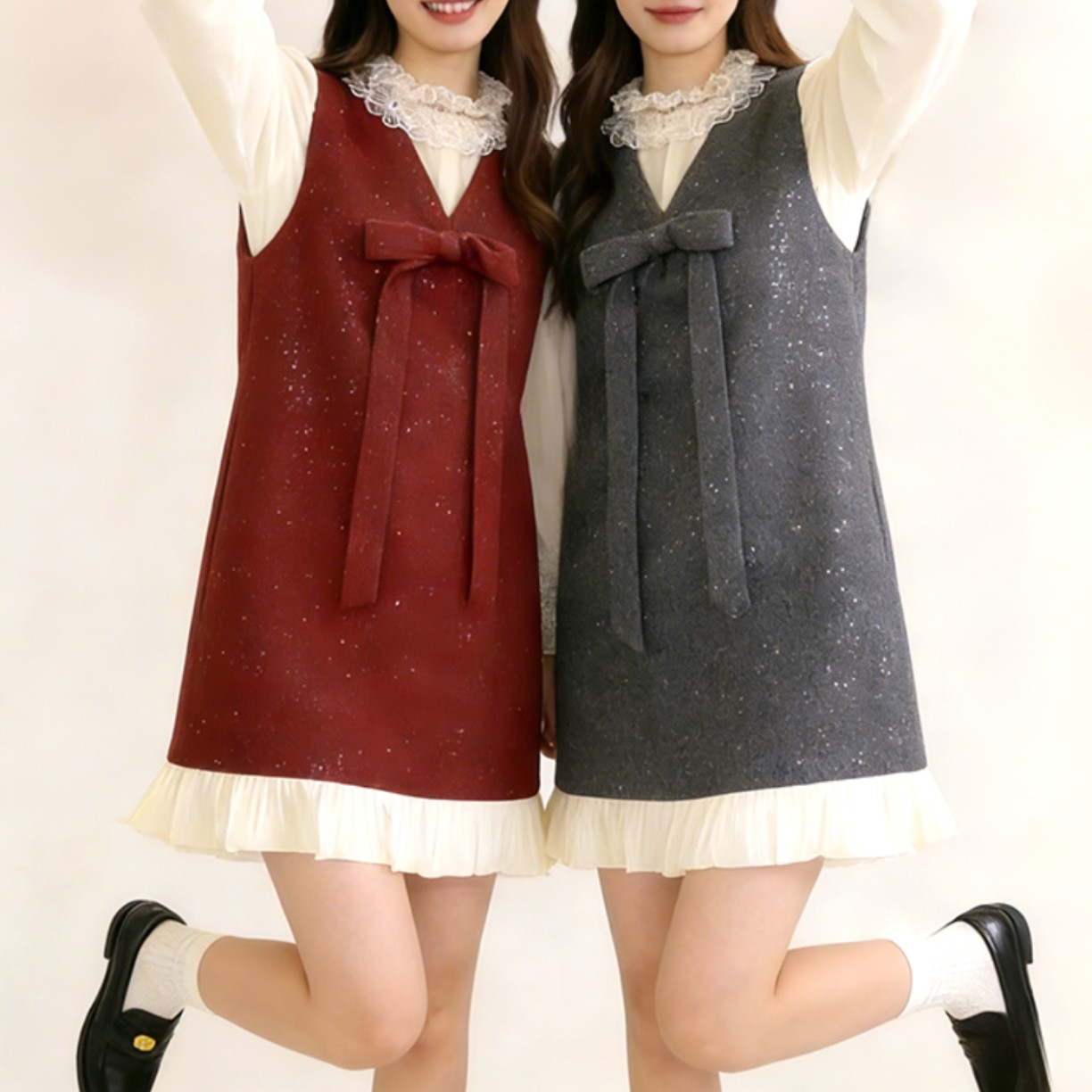 2026春季节日喜庆烫片蝴蝶结背心裙+叠穿拼花边白衬衫两件套