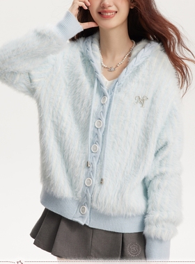 umoumo乌蘑原ntot清新少女浅蓝双色仿貂针织连帽开衫宽松外套女