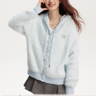 umoumo乌蘑原ntot清新少女浅蓝双色仿貂针织连帽开衫宽松外套女