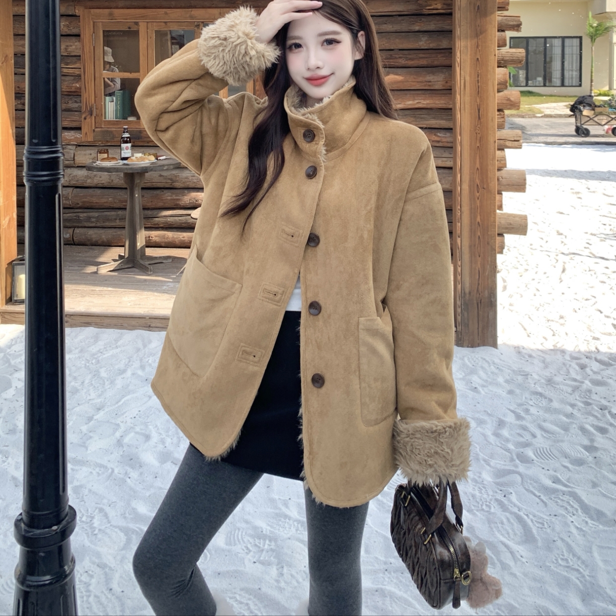 2025冬两面可穿韩系复古氛围感厚实外套女加厚保暖毛绒上衣