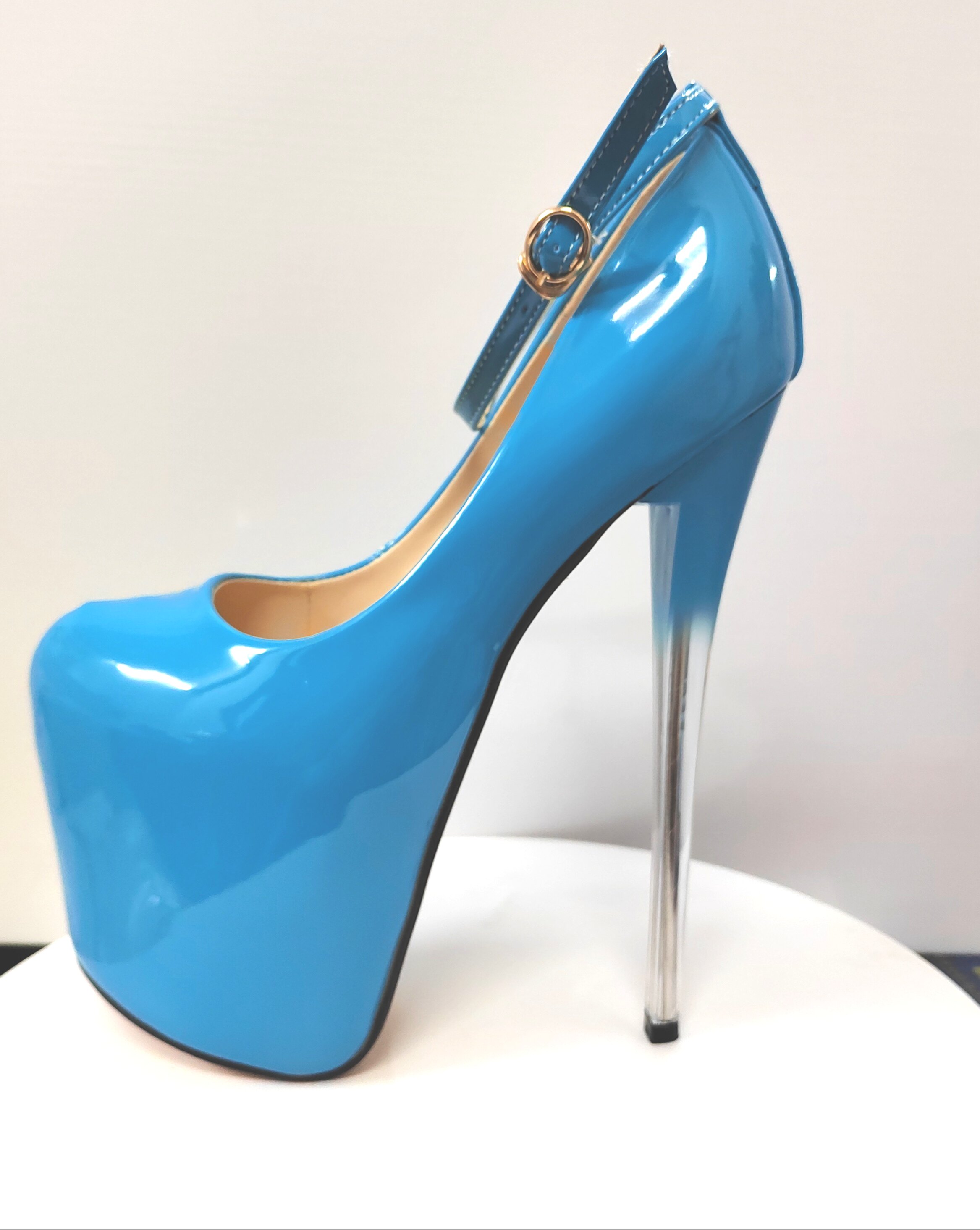 新款超高细跟19cm漆皮蓝色一字扣带大码女鞋浅口性感走秀恨天高
