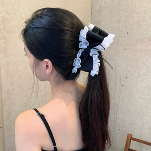 氛围小香 超仙蕾丝蝴蝶结高马尾香蕉夹扭扭夹高级感气质竖夹发饰