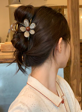 韩系复古晕染咖色花朵抓夹女鲨鱼夹发抓半扎盘发夹子发饰2026新款