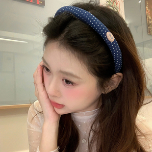 Bunny梦梦 显白藏青波点海绵发箍增高颅顶宽边头箍洋气外戴发饰