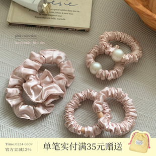 甜心奈莉粉。超柔缎面珍珠褶皱发圈肠圈基础百搭扎发皮筋头绳发饰