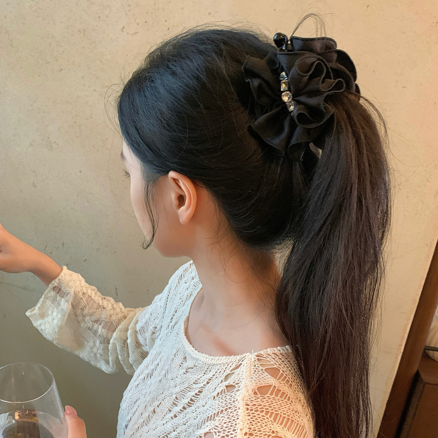 法式水钻缎面裙摆花边香蕉夹发卡气质少女高马尾竖夹扭扭横夹发饰