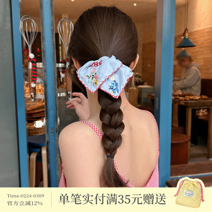 易梦玲同款蓝色刺绣花朵方巾发圈复古碎花大肠圈发绳高级感方形圈