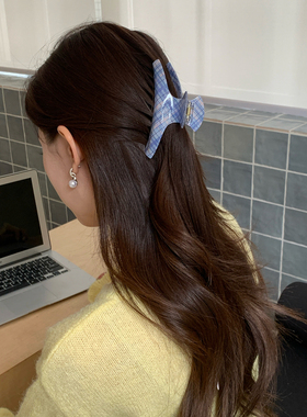 韩系ins风蓝色格子抓夹高级感复古半扎发发抓法式后脑勺发夹发饰