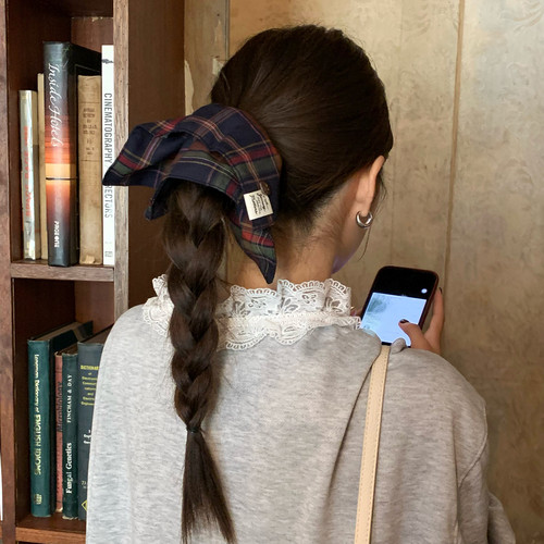 英伦学院风格纹方巾发圈百搭布标纽扣扎发皮筋头绳低马尾发绳发饰