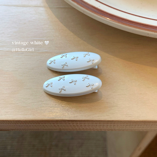 高级感浮雕蝴蝶结发夹哑光银色金属椭圆发卡刘海夹边夹百搭发饰品