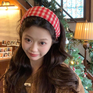 新年红格 毛呢格子布艺宽边发箍氛围感红色头箍压发发卡外戴发饰