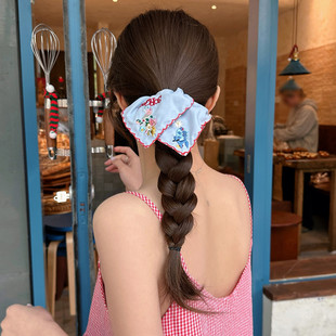 易梦玲同款 蓝色刺绣花朵方巾发圈复古碎花大肠圈发绳高级感方形圈