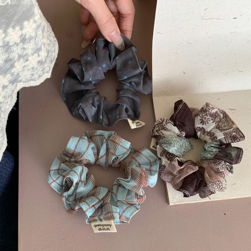 中古蓝调~复古网纱格纹波点发绳韩系百搭大肠发圈扎马尾头绳发饰