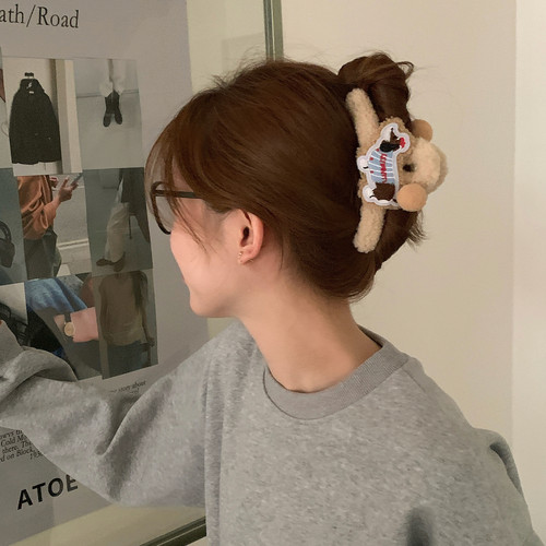 可爱羊羔毛腊肠狗双面抓夹趣味百搭鲨鱼夹后脑勺盘发夹发量多发卡