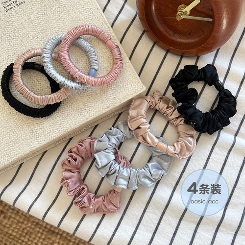 4条装 缎面褶皱裙边小肠圈发绳柔软高弹力扎发皮筋头绳不伤发发圈