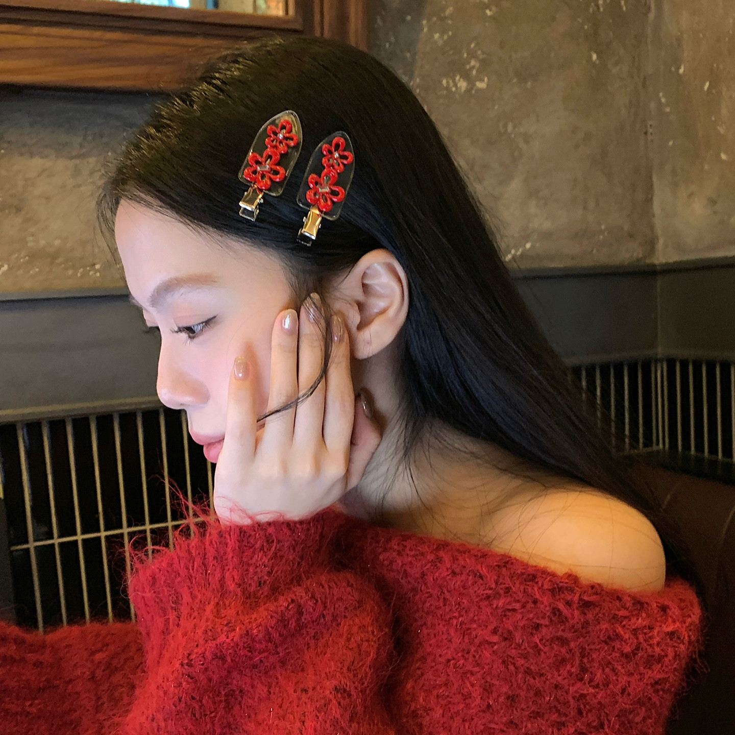 红运甜心！红色镂空花朵化妆夹发卡新年氛围感发夹碎发刘海夹边夹,饰品/流行首饰/时尚饰品新,发饰,淘宝优惠券,粉丝福利购,淘宝优惠卷