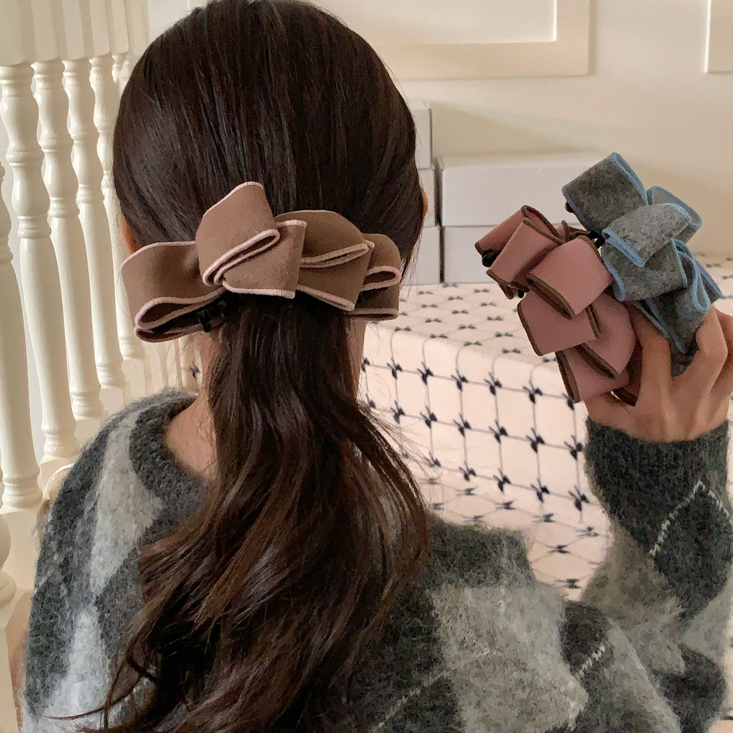 甜心毛呢！多层蝴蝶结香蕉夹发卡氛围感高马尾竖夹后脑勺扭扭横夹