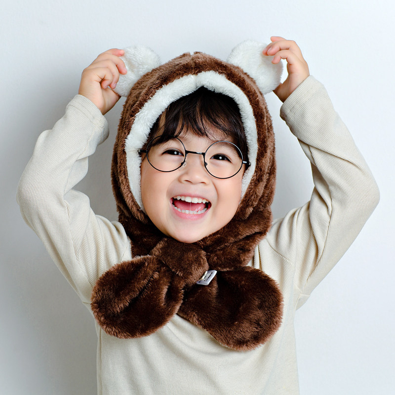 冬天小孩女童冬季帽子可爱萌系耳朵儿童连帽围巾一体