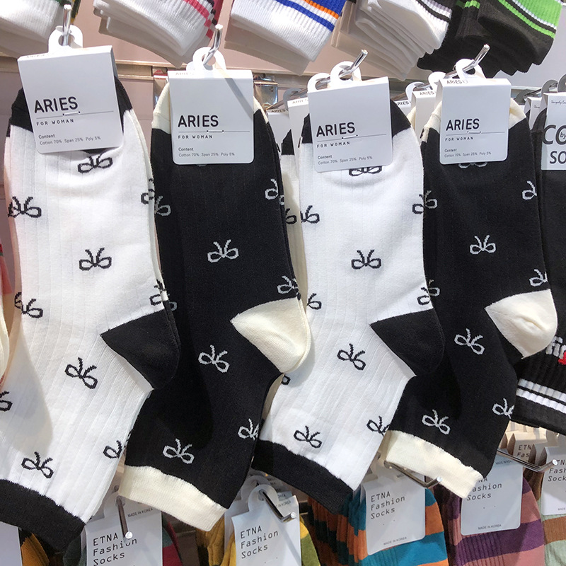韩国进口新款袜子ARIES法式蝴蝶结女生中筒袜秋冬拼色长棉袜9343