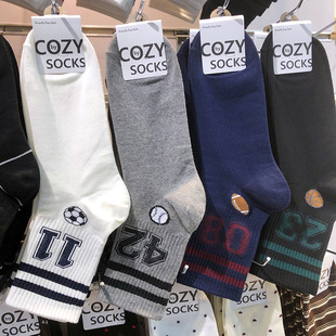 韩国COZY男袜新款 篮球足球运动两杠条纹25中筒吸汗棉袜4129 美式