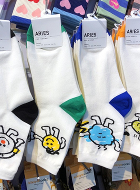 韩国东大门袜子ARIES创意涂鸦白色少女袜卡通拼色跟中筒棉袜9218