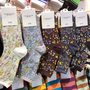 女士棉袜复古风花朵中筒袜2115 韩国进口GG秋冬新款 她他韩袜