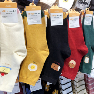 韩国袜子女棉袜中筒东大门kikiya进口日系植绒美食卡通袜1175