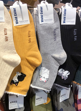 韩国进口vivid袜子招财猫咪女生植绒卡通小木耳边棉袜中筒5205