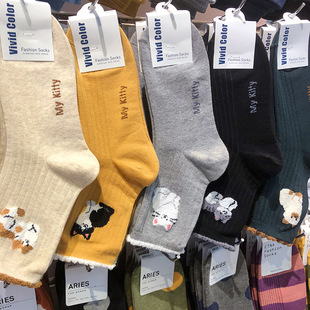 韩国进口vivid袜子招财猫咪女生植绒卡通小木耳边棉袜中筒5205