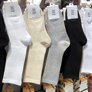 韩国进口袜子纯色简约风女生中高筒棉袜日系坑条堆堆袜9225