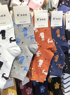 韩国进口袜子卡通猫咪少女袜KSOX秋季新款中筒休闲风学生棉袜9190