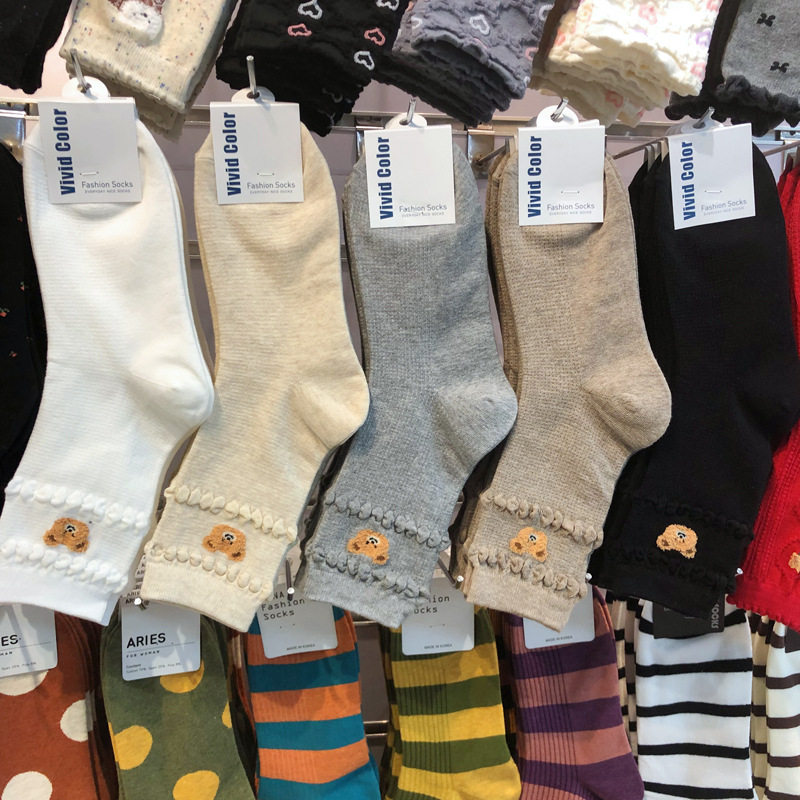 韩国vividcolor甜美泡泡边小熊头像卡通少女袜子中筒纯色棉袜5206