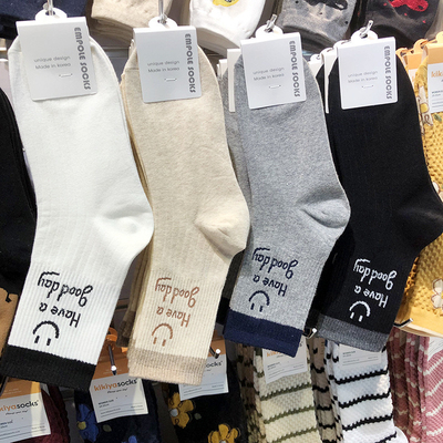 东大门新款女袜开心笑脸字母中筒袜EMPOLE四季拼色休闲棉袜6062