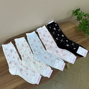 韩国东大门kikiya进口女2026中筒棉袜春夏新款碎花蝴蝶结1291