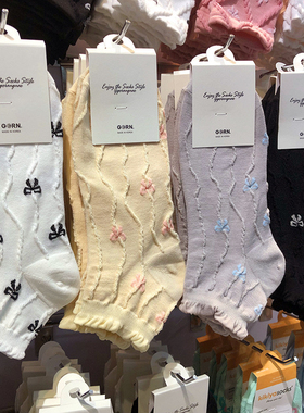 韩国新款袜子法式蝴蝶结短筒少女袜ggorangnae木耳泡泡边棉袜2119