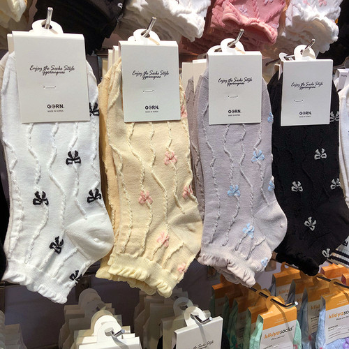 韩国新款袜子法式蝴蝶结短筒少女袜ggorangnae木耳泡泡边棉袜2119