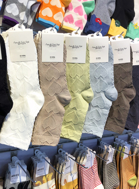 韩国ggorangnae新款棉袜心形螺纹女袜子纯色简约中筒2093