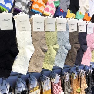 韩国ggorangnae新款 棉袜心形螺纹女袜子纯色简约中筒2093