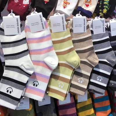 韩国进口EMPOLE情侣女袜条纹控女生中筒棉袜撞色系条纹少女袜6092
