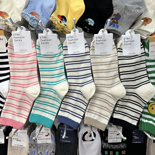 韩国进口袜子女ETNA春夏新款 少女袜学院风细条纹中筒休闲棉袜3063
