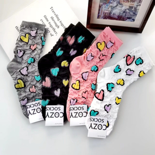 东大门新款薄款中筒女棉袜时尚立体浮雕彩色爱心COZY韩国袜子4067