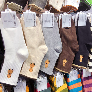 韩国东大门袜子EMPOLE植绒小熊可爱卡通袜日系休闲中筒女棉袜6084