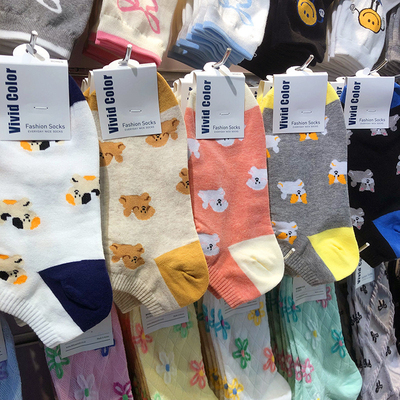 25韩国vivid color春夏新款袜子萌宠卡通少女袜拼色低腰短筒5159