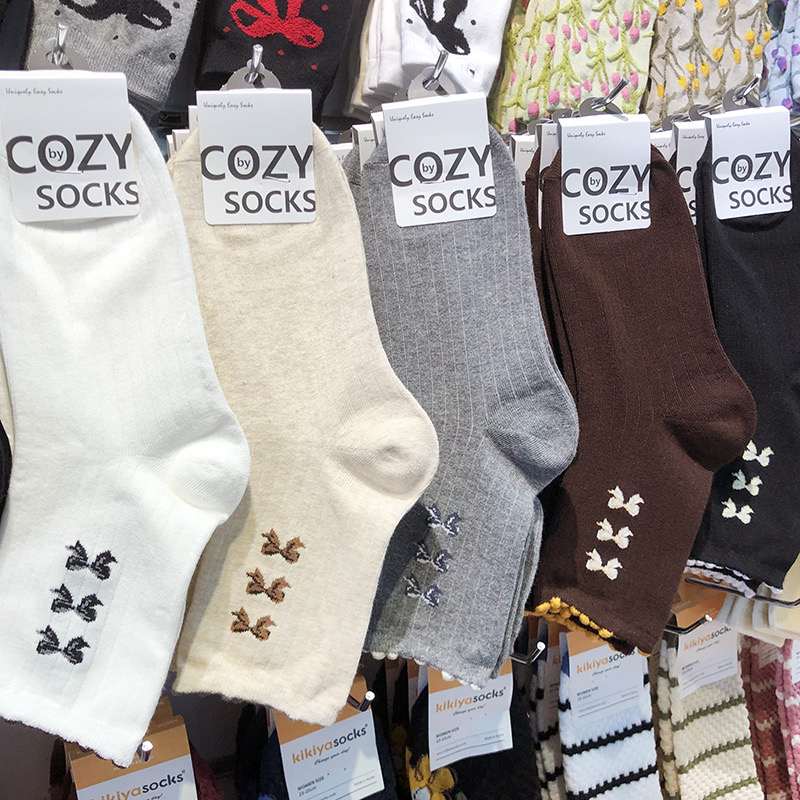 韩国进口COZY袜子蝴蝶结法式少女袜木耳花边纯色系中筒短棉袜4060