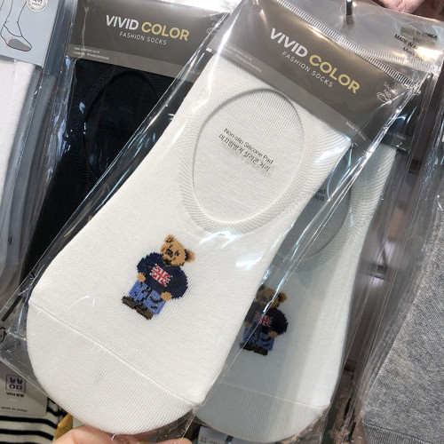 25年新款韩国vivid袜子棉男船袜休闲运动小熊防掉跟薄款5166