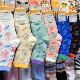 韩国kikiya袜子镂空网面女生中筒袜简笔画小熊透气薄棉袜1156