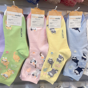 韩国kikiyasocks新款女袜子可爱萌宠猫咪中筒袜学院风少女袜1185